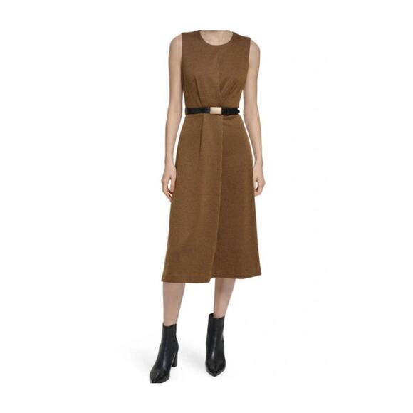 Calvin Klein Herringbone Knit Belted Midi Dress Size 16W NWOT - Picture 1 of 12